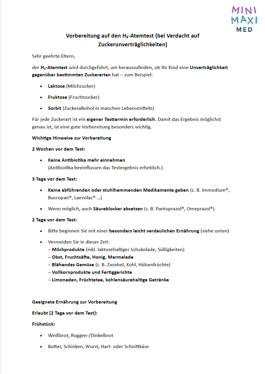 Infoblatt Vorbereitung auf den H₂-Atemtest (bei Verdacht auf Zuckerunverträglichkeiten)
