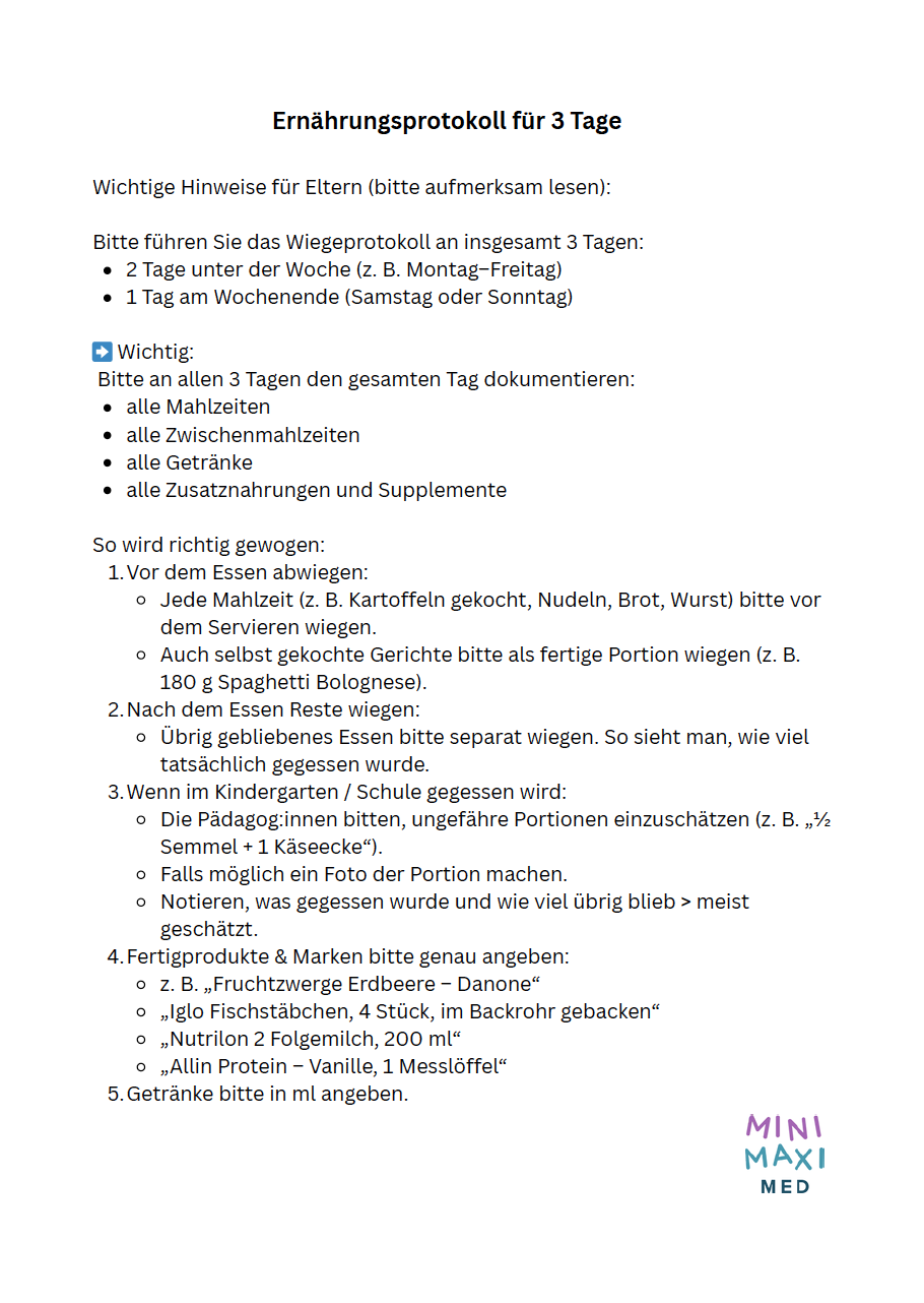 Ernährungsprotokoll für 3 Tage